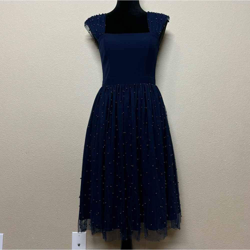 Gal Meets Glam dress women 0 nylon blend pearl beaded detail mini blue